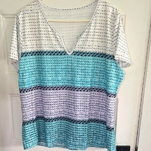 Lightweight Summer Top Plus Size V Neck White Teal Blue Polyester Elastane XXL